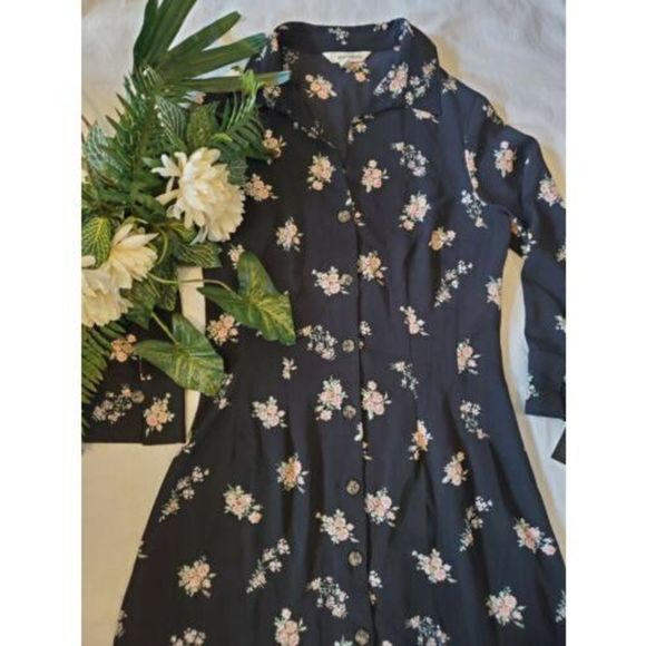 NWT Speechless Black Floral Button Front Long Sleeve Knee Length Dress SZ Medium - Picture 5 of 8
